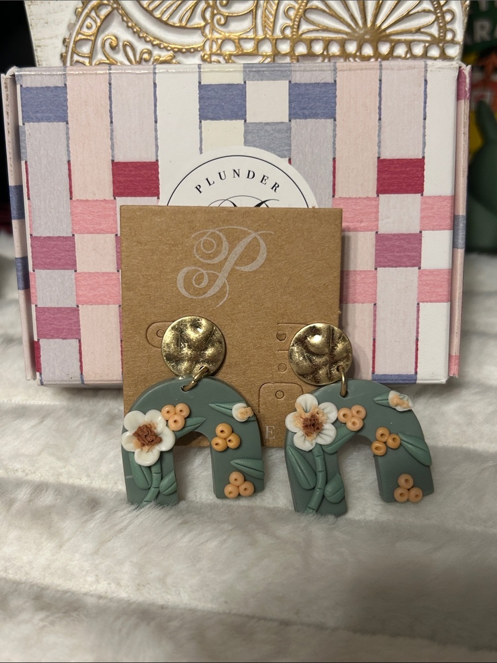 Plunder Green Floral Arch Drop Earrings with Gold Discs - Picture 2 of 3